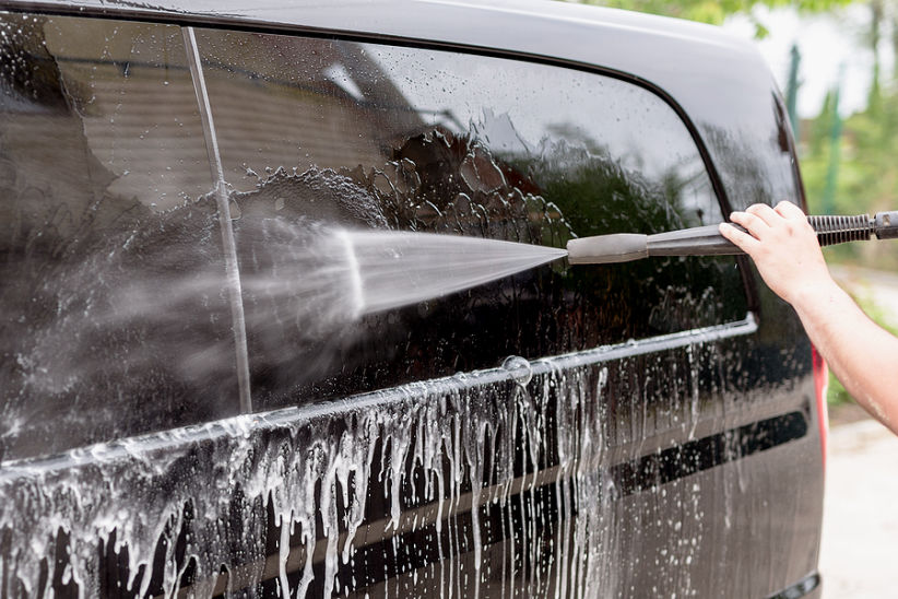 Commercial premises being jet washed